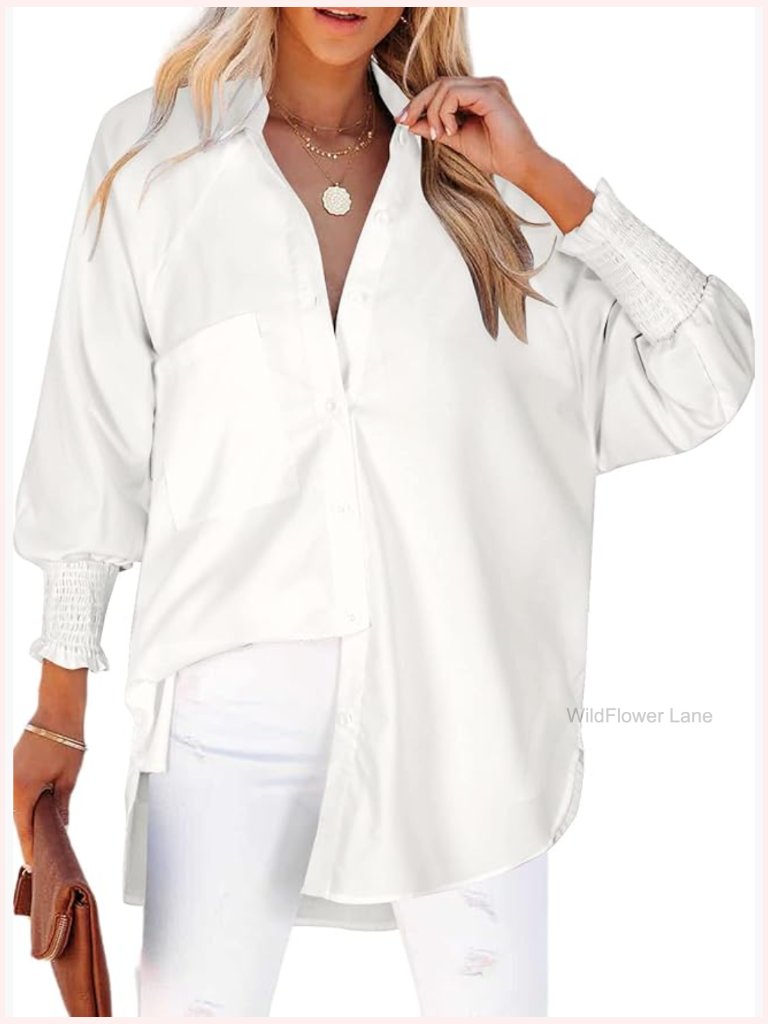 Smocked Cuffed Striped Boyfriend Shirt Oversized Button Down Blouse With Pocket